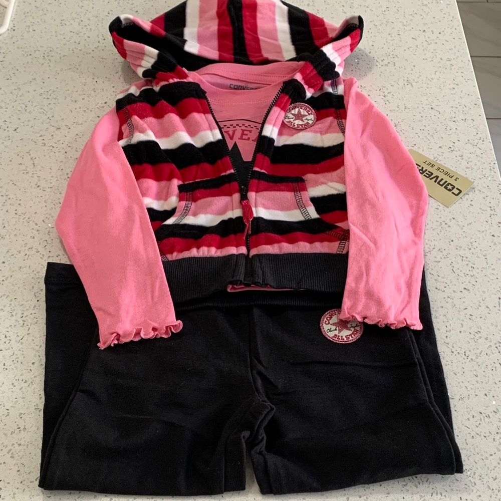 Converse Pink Black White Striped Hoodie Set